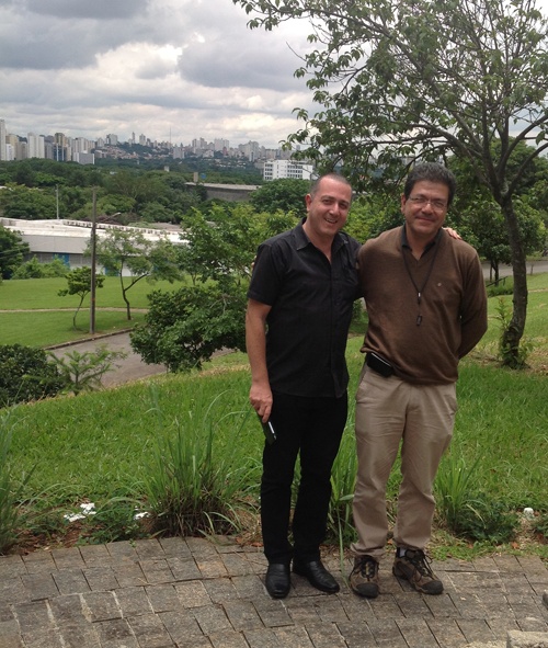 Rento and Marcelo (Lake Shore representative for Brazil) pose for a photo in front of the Sao Paulo skyline.
